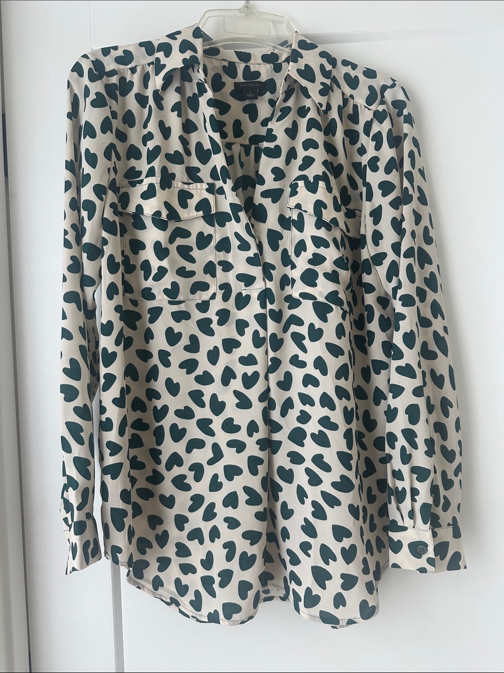 Ann Taylor Cream Blouse with Dark Teal Heart Print